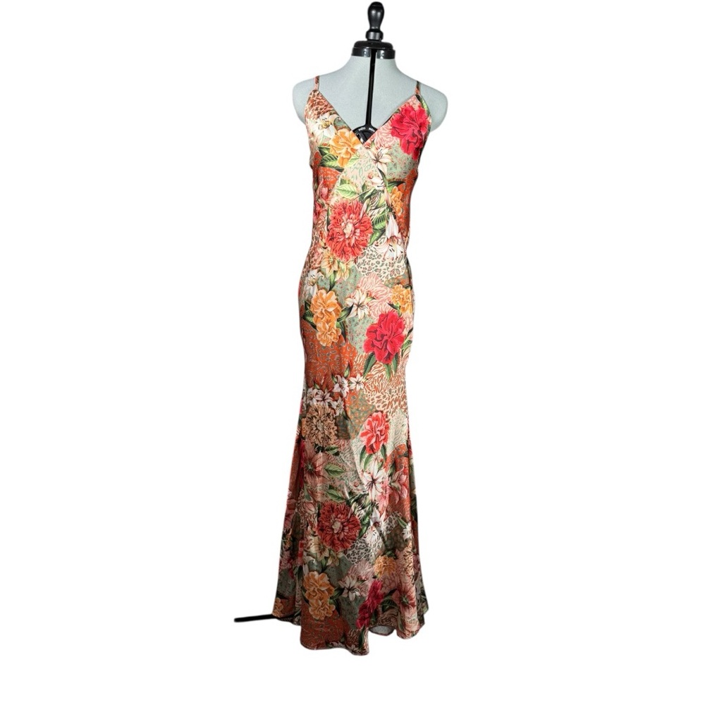 Satin Vibrant Pink and Red Spaghetti Strap Maxi Gown